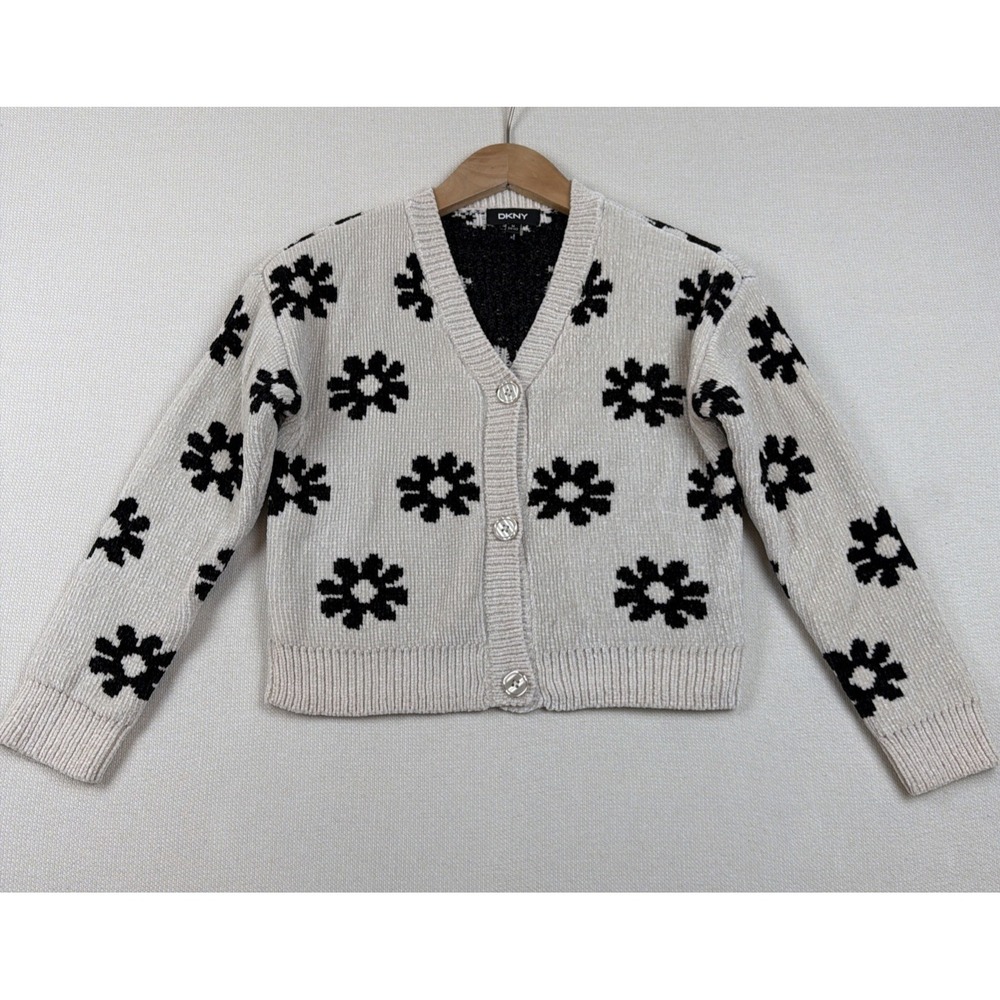 DKNY Kids Button Up Daisy Flower Knit Cardigan Sweater Girls M 10-12 Cream Black